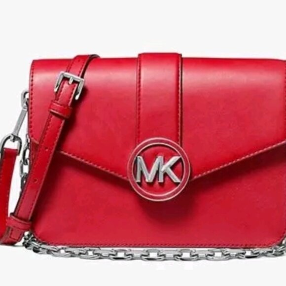 Michael Kors NWT Carmen Medium Convertible Shoulder Bag Bright Red with Silver - Picture 3 of 6